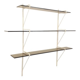 Large Vintage Wall Shelf in Smoked Glass and White Metal, String Tomado Style, from the 1960s, 1970s For Sale