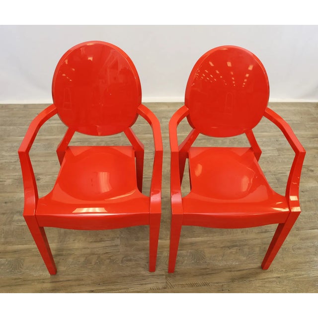 Red Late 20th Century Set of Four Philippe Starck Style Red Molded Plastic Armchairs For Sale - Image 8 of 10