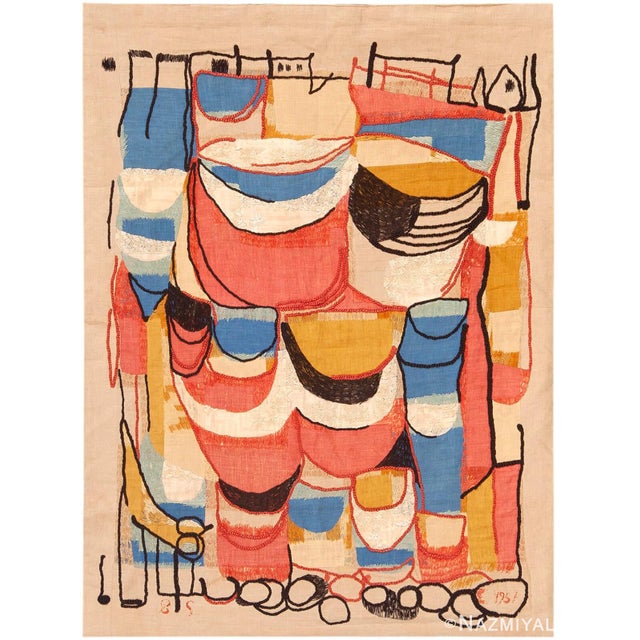 A polychrome design with a fishing village and boats. A Vibrant Artistic Vintage Swedish Tapestry Dated 1957 And Signed...