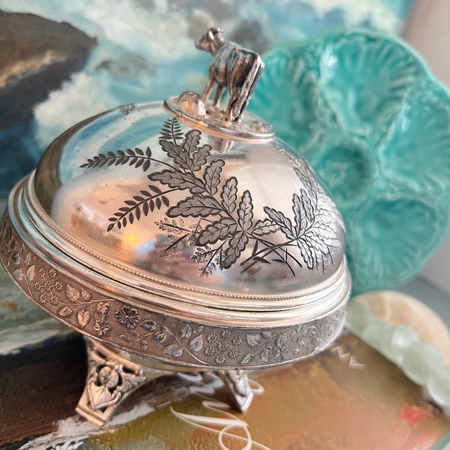 Metal Antique Victorian Quadruple Silverplate Butter Cooler With Cow Finial For Sale - Image 7 of 12