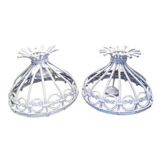 Vintage White Rattan Pagoda Shaped Ceiling Pendant Chandelier For Sale