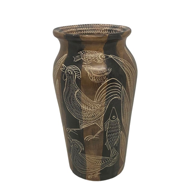 Mid 20th Century Asian Style Hand Carved Soapstone Vase With Roosters, Fish and Plants Design For Sale - Image 12 of 12