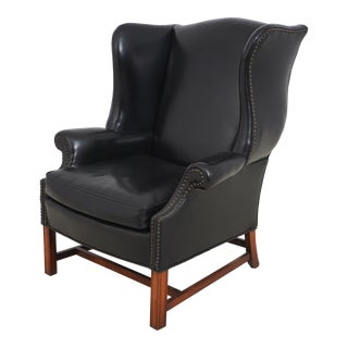 Shaw Chippendale Style Black Naugahyde Wing Back Chair For Sale