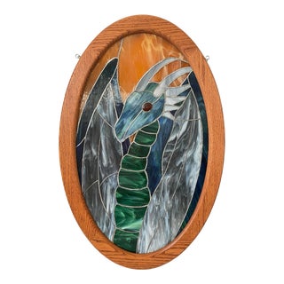 Stained Glass Dragon Window Panel. 32". Wood Framed. MCM For Sale