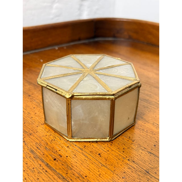 Vintage Shell Type Material Trinket Box with Brass Trim - Octagon Shape This Vintage Shell Type Material Trinket Box with...