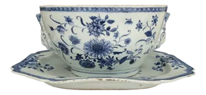 Antique Chinese Export Blue & White Porcelain Tureen With Platter Set- 2 Pieces