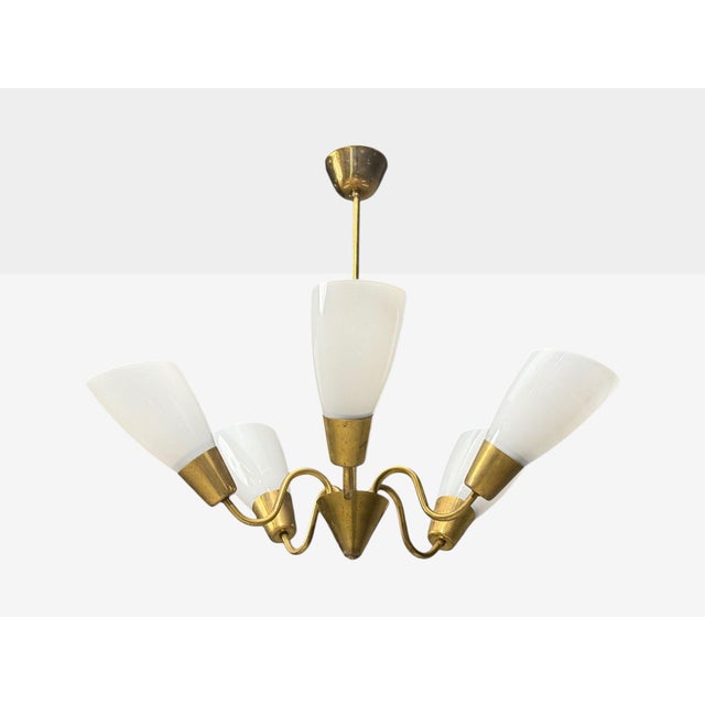 1940s Itsu, Finnish Modern, Chandelier, Brass, Glass For Sale In New York - Image 6 of 11