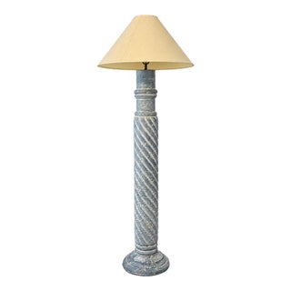1980s Postmodern Blue-Gray Twisted Column Floor Lamp With Cream Empire Shade For Sale