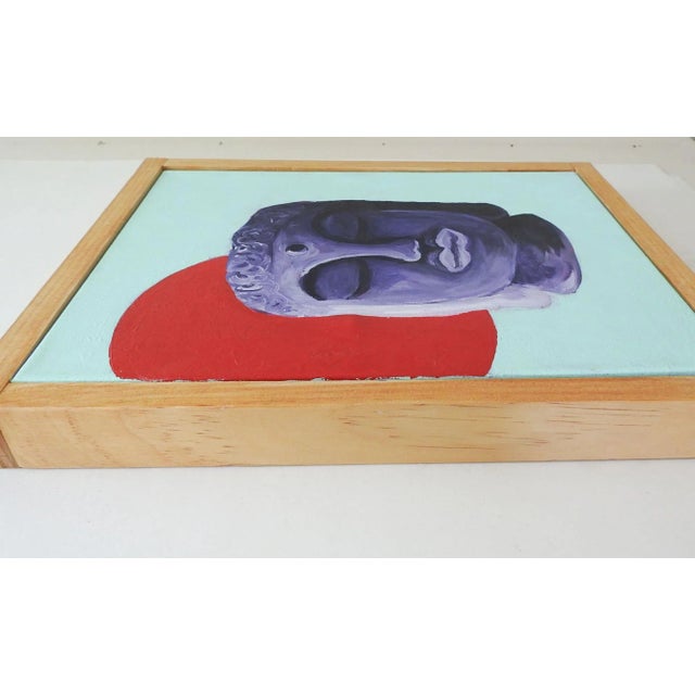 Vintage late 20th century acrylic on canvas painting of purple Buddha head and red circle. Unsigned. Displayed in narrow...