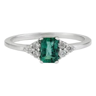 Silvorra Sterling Silver Natural Emerald Ring With Diamond Accents, Size 7.5 For Sale