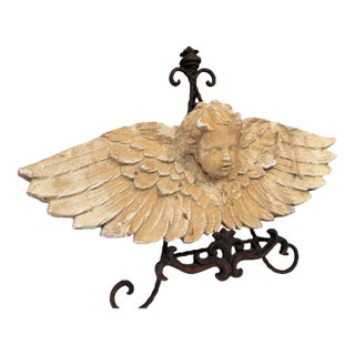 Vintage Cherub Angel Wings Wall Decor Plaque Distressed Architectural Sculpture For Sale
