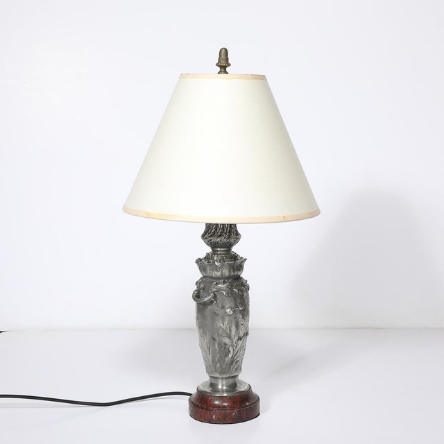 1900 - 1909 Art Nouveau Rosso Levanto Marble Base & Pewter Table Lamp Signed E. Lelièvre For Sale - Image 5 of 16