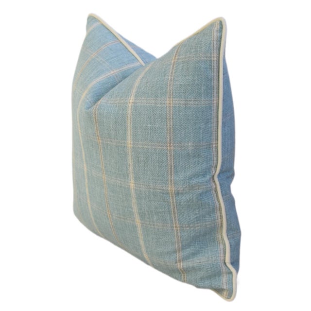 English Stunning Blue, Gray & Cream Woven Plaid Feather/Down Pillow For Sale - Image 3 of 5