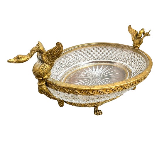 Vintage Belgian-Style Cut Crystal Centerpiece Bowl With Ornate Brass Bird Mount – Attributed to Val Saint Lambert, C. 1930–1950 For Sale