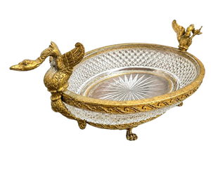 Vintage Belgian-Style Cut Crystal Centerpiece Bowl With Ornate Brass Bird Mount – Attributed to Val Saint Lambert, C. 1930–1950