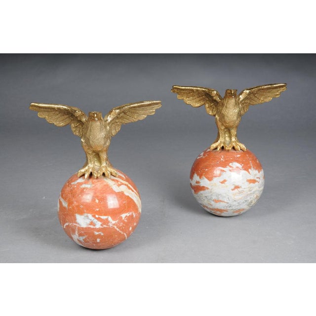 Pair (2) Imperial Large Eagle Brass Figures on Marble Spheres This item is a pair of antique imperial eagle figures...