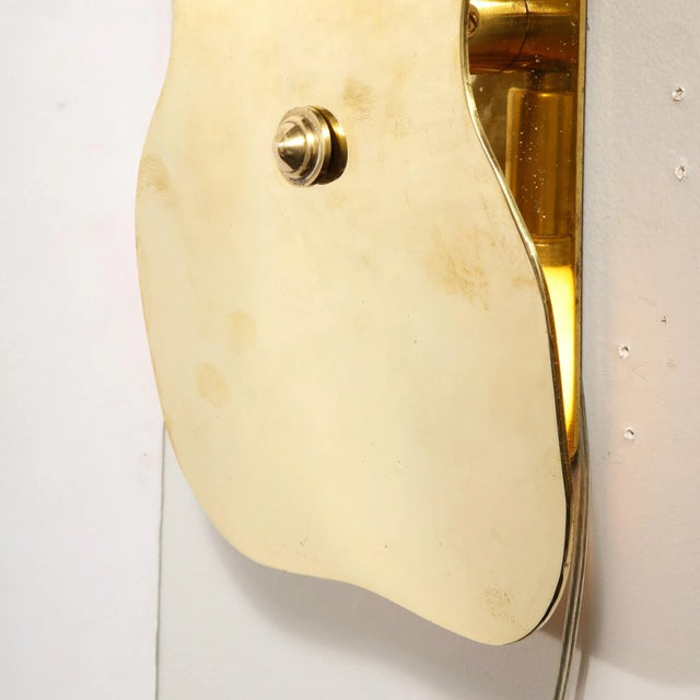 1960s Pair of Mid Century Modernist Polished Brass Hourglass Shield Form Sconces For Sale - Image 5 of 7