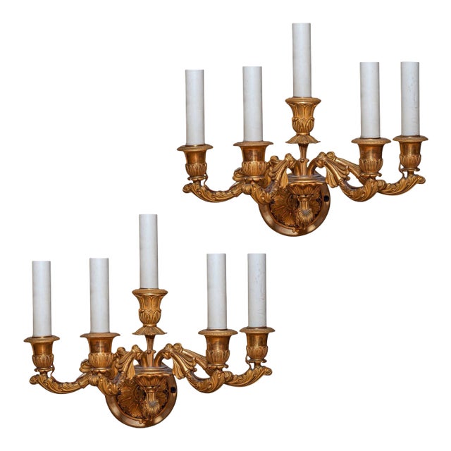 Empire Style Five-Arm Gilt Bronze Wall Light Sconces - A Pair For Sale