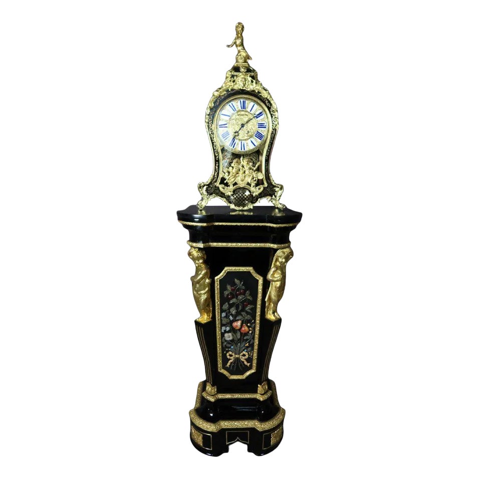 Large Wooden & Brass Inlay Clock | Chairish