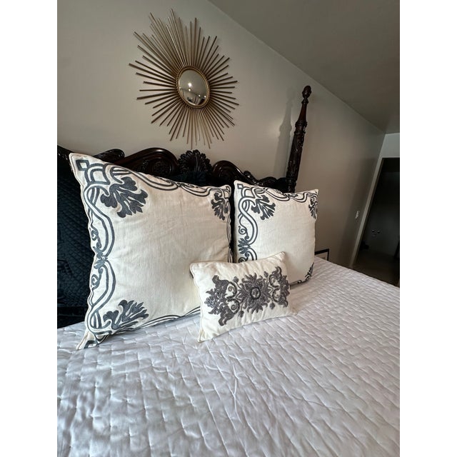 Ankasa Set of 3 Pillows. Two Oversized Ankasa Embroidered Euro Pillows With 1 Coordinating Lumbar – For Sale - Image 4 of 12