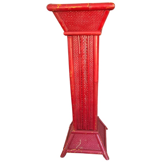 Early 20th Century Vintage Red Painted Bamboo & Woven Rattan Pedestal Plant Stand – Sister Parish Style For Sale - Image 5 of 8