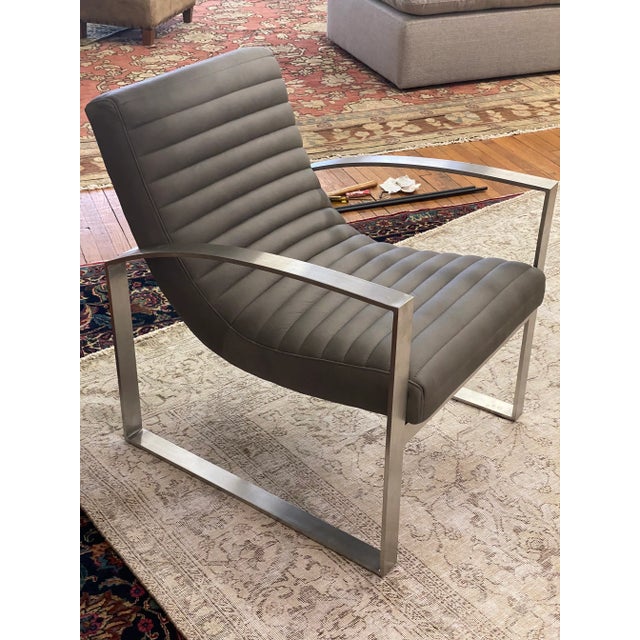 Modern Leather Lounge Chair W/Channel Stitching For Sale - Image 6 of 13