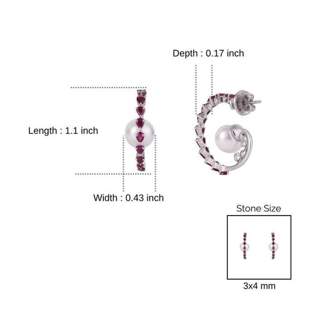 Natural Ruby & Freshwater Pearl Designer C Hoop Earrings in 925 Sterling Silver, A Pair For Sale - Image 13 of 15