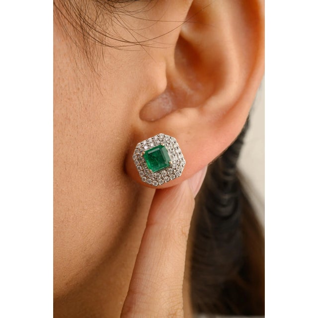 14k Gold Statement Emerald & Diamond Halo Earrings Wedding Gift- A Pair For Sale In New York - Image 6 of 11