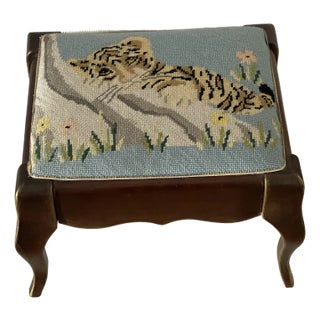Antique American Queen Ann Style Needlepoint Footstool For Sale