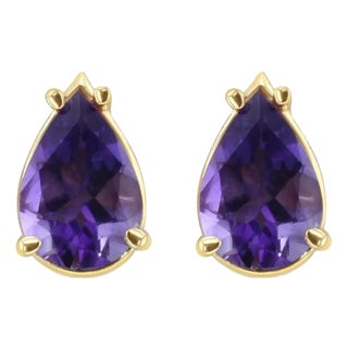 Pear Shaped Amethyst Studs 14k Yellow Gold, 2 Pieces For Sale