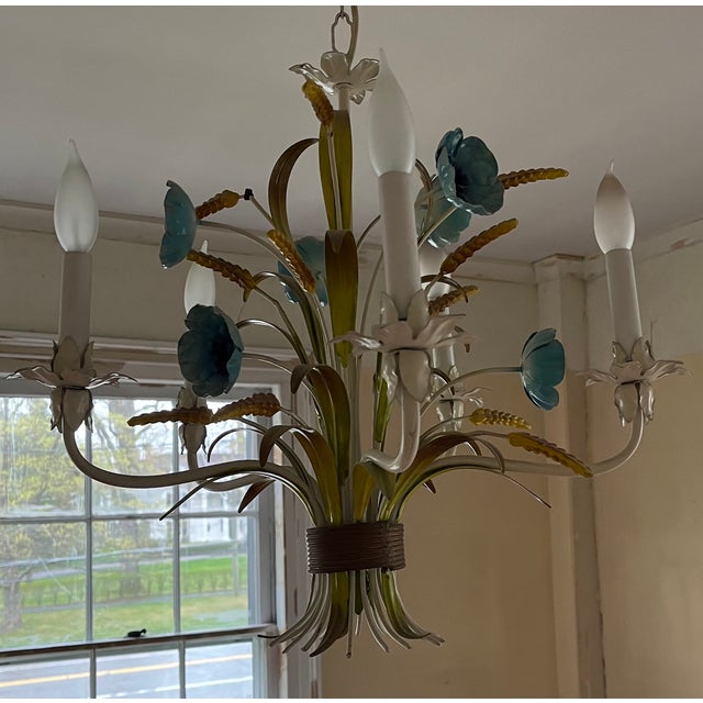 1970s Italian Mid-Century Tole Five Light Chandelier With Gathered Blue Flowers, Grasses and Wheat Stalks For Sale - Image 12 of 18