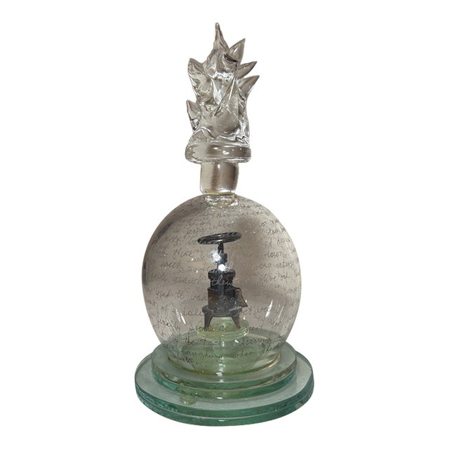 Vintage Tim Tate Original Wine Press Flame Engraved Glass Modernist Sculpture For Sale