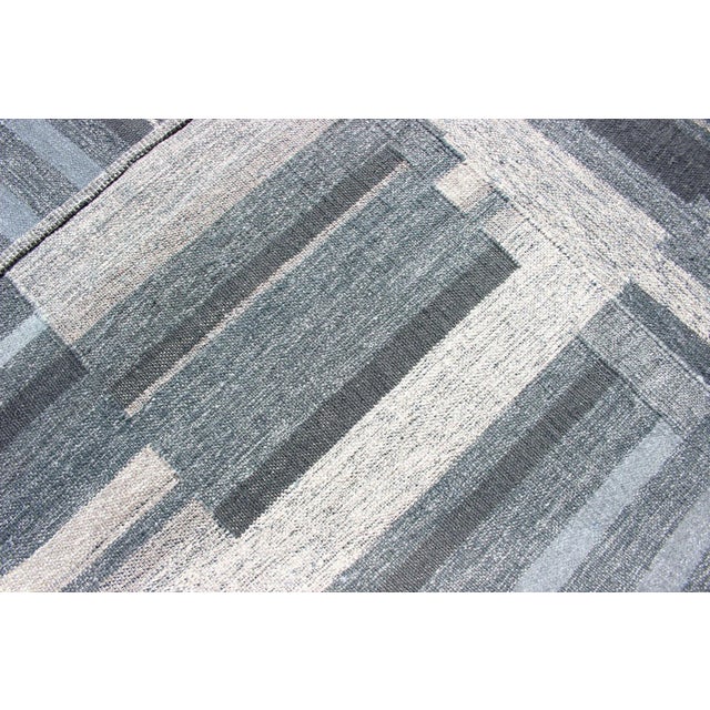 Modern Scandinavian Flat-Weave Rug With Striped Panel Design in Gray, Steel Blue For Sale - Image 11 of 12