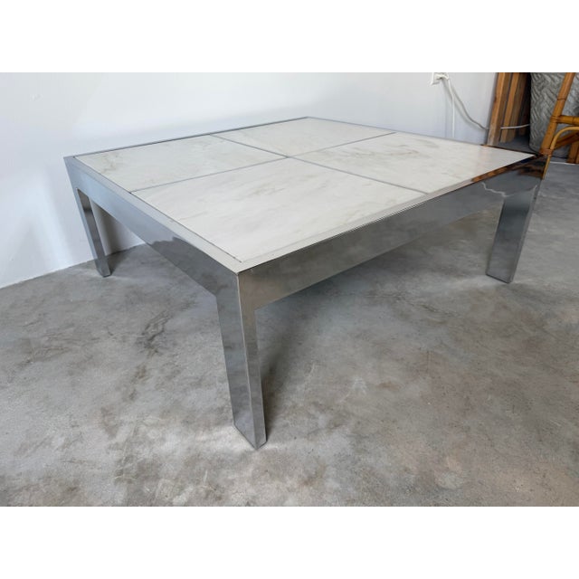 1970s Leon Rosen for Pace Collection Portuguese Marble & Polished Stainless Steel Coffee Table For Sale - Image 13 of 13