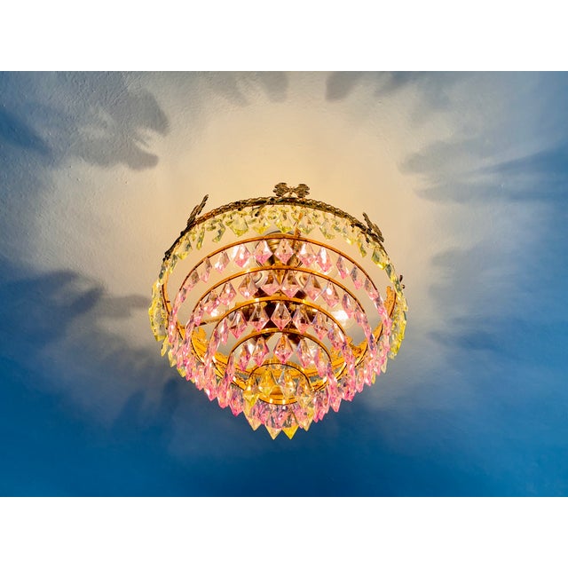 Pink 1970s Vintage Brass Butterfly Motif Flush Mount Chandelier With Pink & Green Crystals – 6 Light For Sale - Image 8 of 14