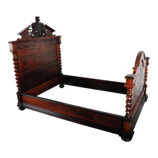 1890’s Henri II Antique French Carved Rosewood Barley Twist Bed Frame For Sale
