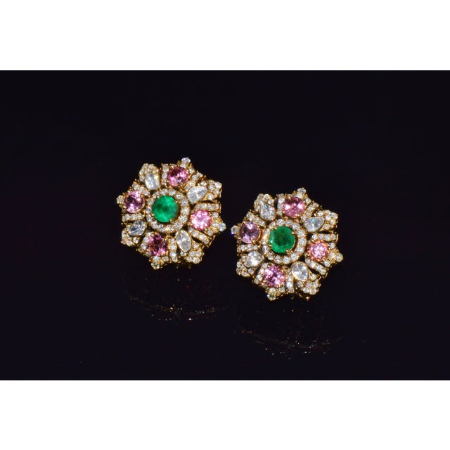 Asian Antique Late 20th Century Natural 4.89cts Diamond, Emerald & Pink Tourmaline 18k Gold Floral Earrings, Pair For Sale - Image 3 of 12