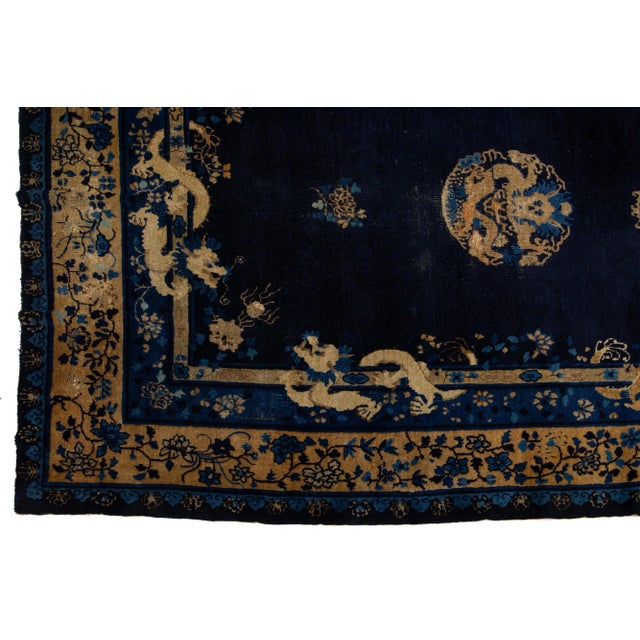 Blue 10 X 15 Antique Handmade Traditional Peking Chinese Wool Rug in Blue For Sale - Image 8 of 14