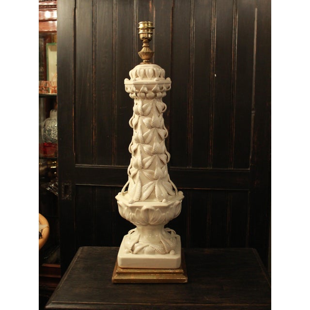 Vintage White Manises Ceramic Table Lamp with Relief Leaf Design, 1950s For Sale - Image 6 of 6