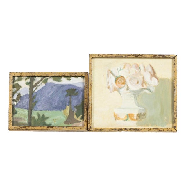 Serafim Pato, Flowers & Landscape, 1990s, Acrylic on Wood Paintings, Set of 2 For Sale