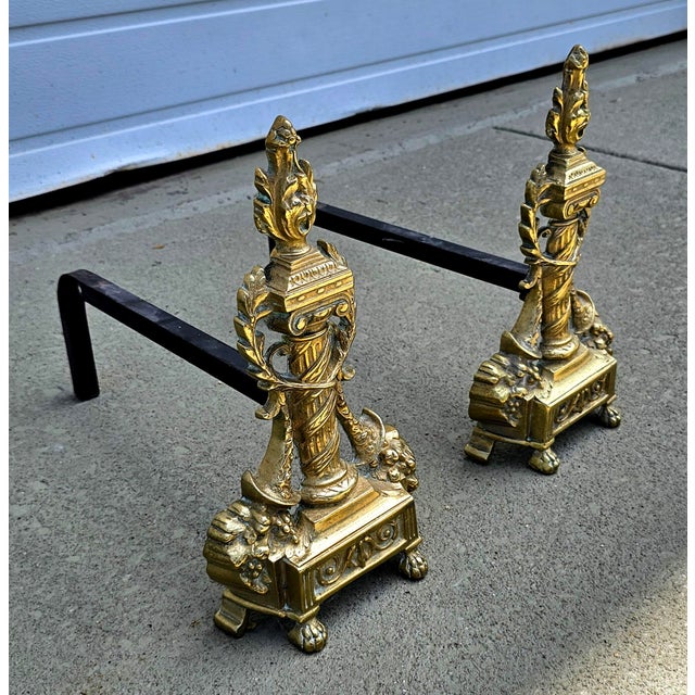 Early 20th Century Pair Antique French Neoclassical Cast Brass Andirons For Sale - Image 5 of 12