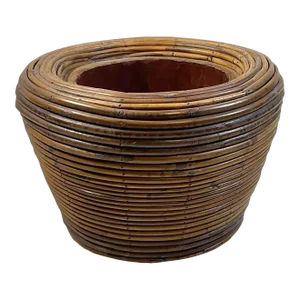 Vintage Gabriella Crespi Style Pencil Reed Beehive Ratan Bamboo Storage Planter Vessel Italian W/Liner