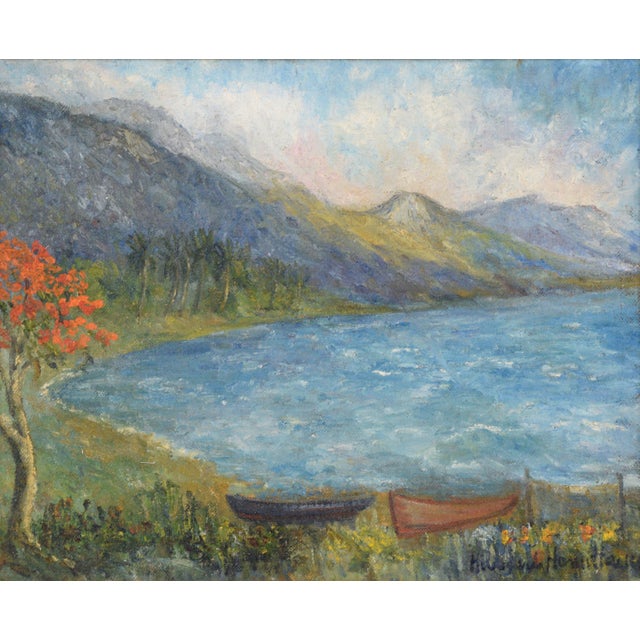 Serene depiction of boats on the shore by Hildegarde Hamilton (American, 1989-1970). This beautiful mid-century coastal...