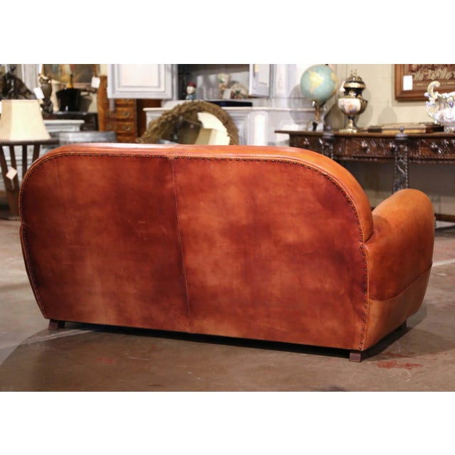 Early 20th Century French Art-Deco Brown Leather Two-Seat Club Sofa For Sale - Image 10 of 11