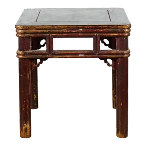 19th Century Chinese Qing Dynasty Side Table with Carved Spandrels & Distressed Finish