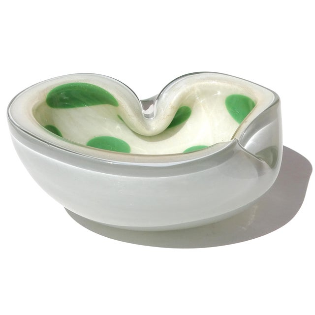 Mid 20th Century Vintage Murano Barbini Gold Flecks Green Spots White Italian Art Glass Folded Rim Ashtray Bowl Dish For Sale - Image 5 of 10