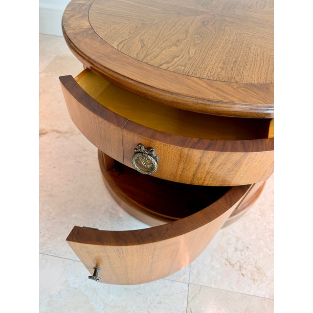Late 20th Century Vintage Neoclassical Round Wood Drum Side Table With Drawer & Cabinet For Sale - Image 5 of 6