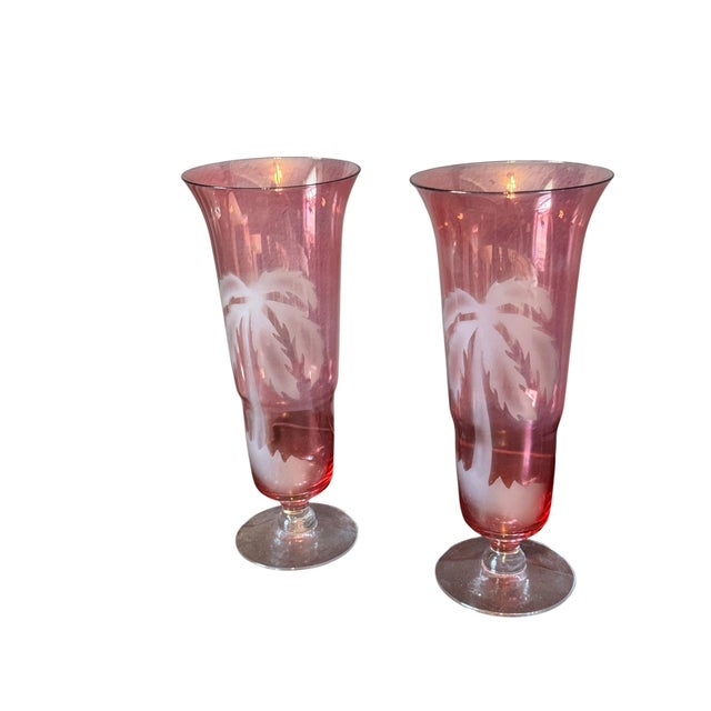 French Cranberry Etched Art Glass Vases With Palm Tree Decoration - A Pair For Sale - Image 3 of 7