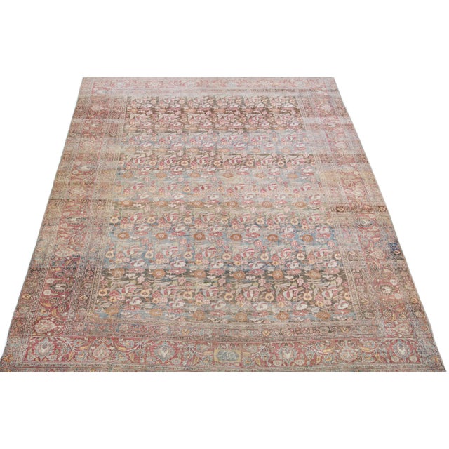Persian Allover Floral Handmade Antique Mahal Wool Rug in Earth Tones For Sale - Image 3 of 7