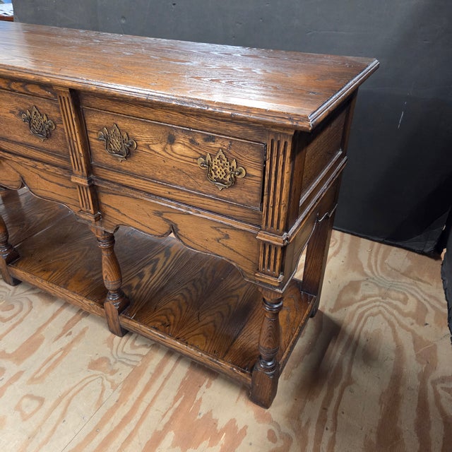 Brown Late 20th Century Oak Three Drawer Potboard Dresser Base With Turned Legs and Shaped Frieze For Sale - Image 8 of 9
